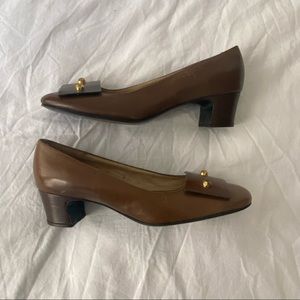 Vintage tan leather low block heel with gold embellishments